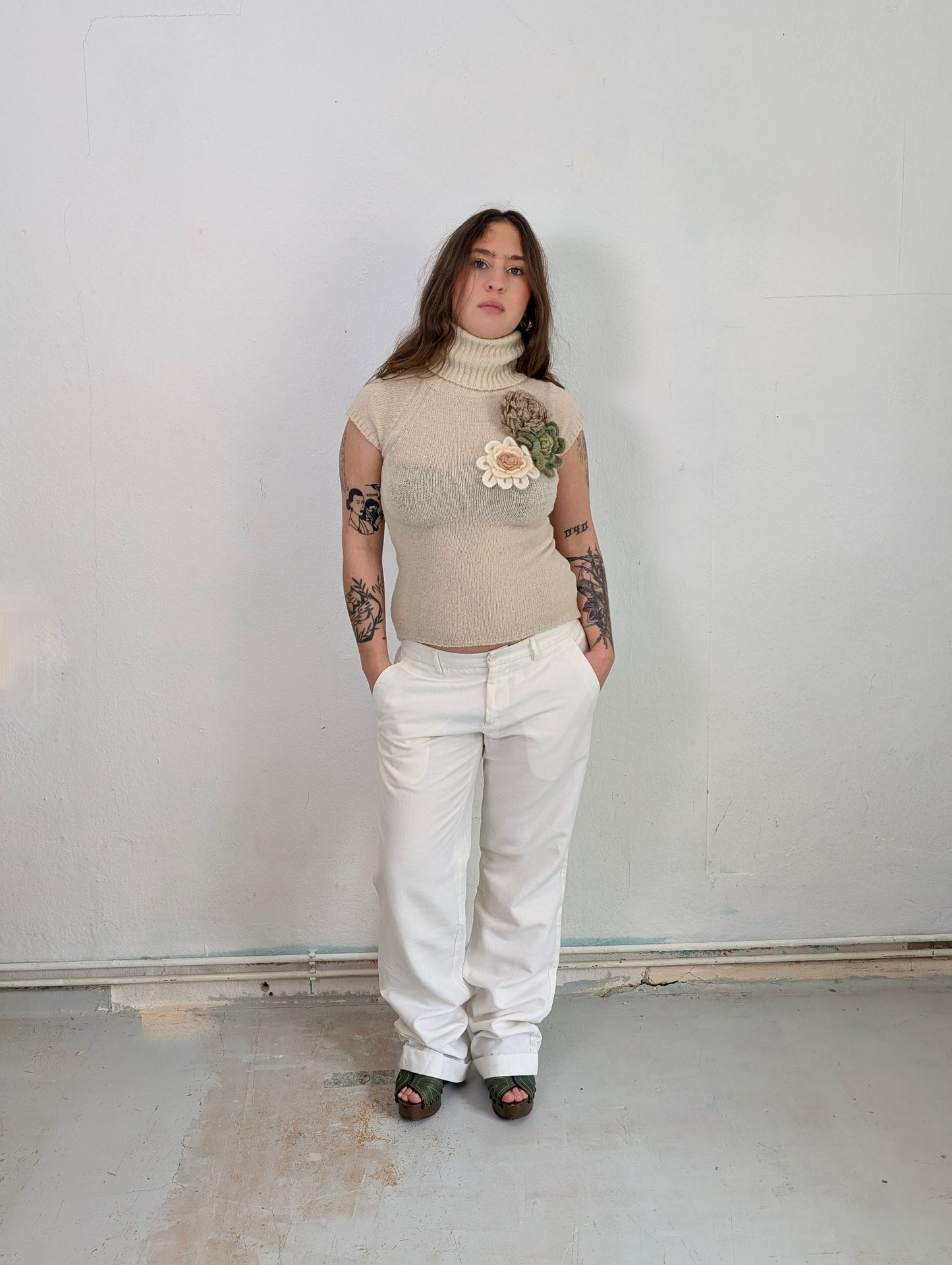 Knit Turtleneck with Flower Application