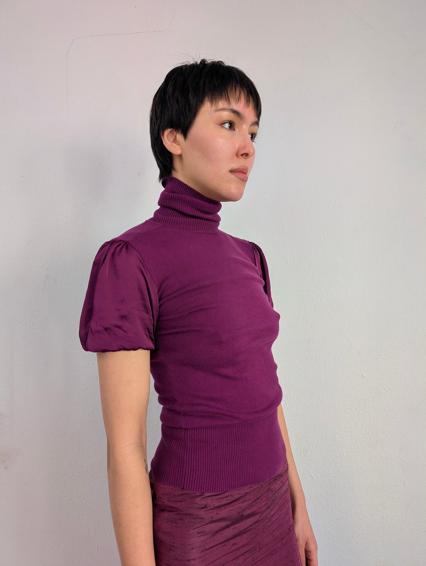 Turtleneck with Satin Balloon Sleeves