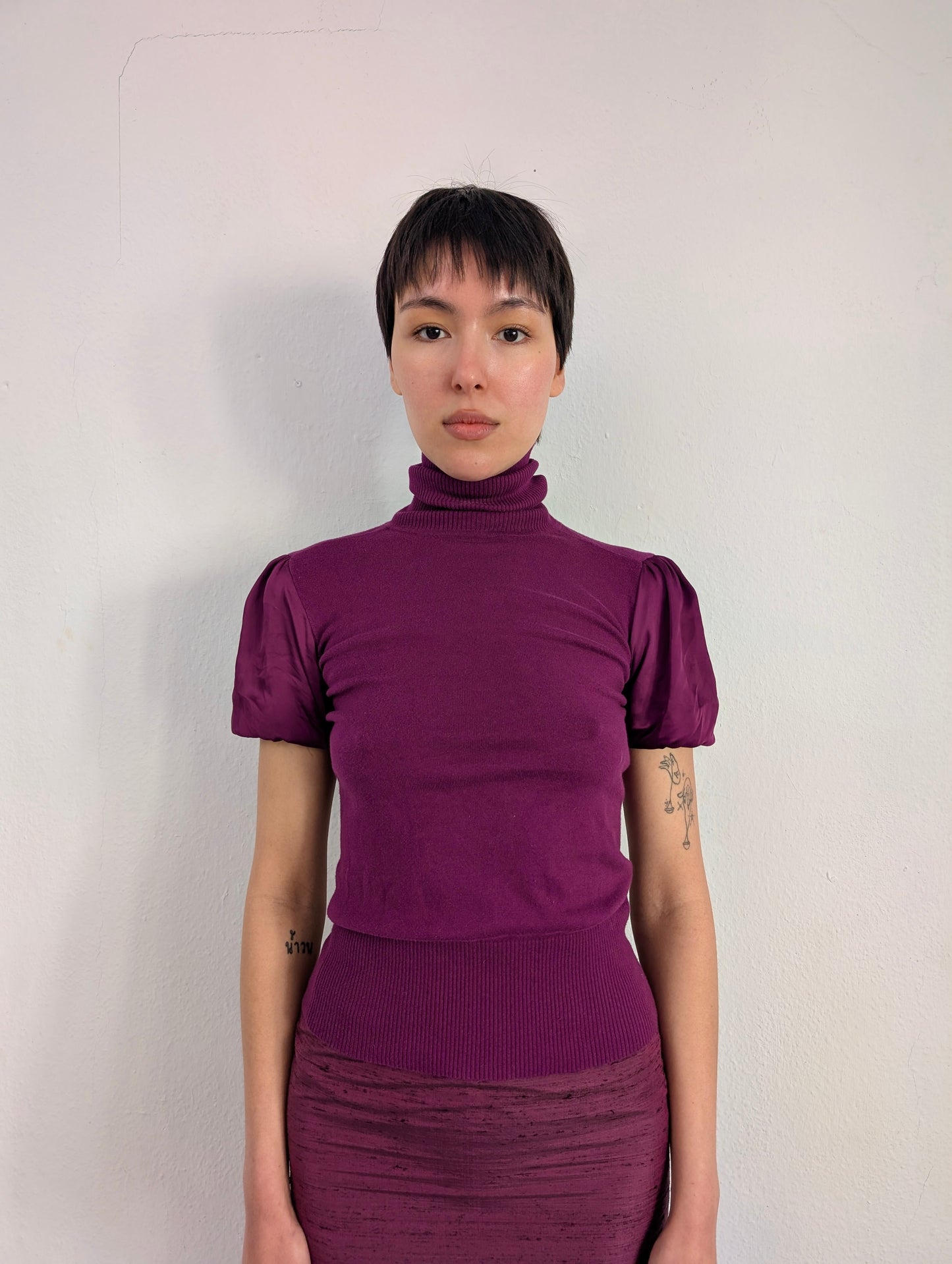 Turtleneck with Satin Balloon Sleeves