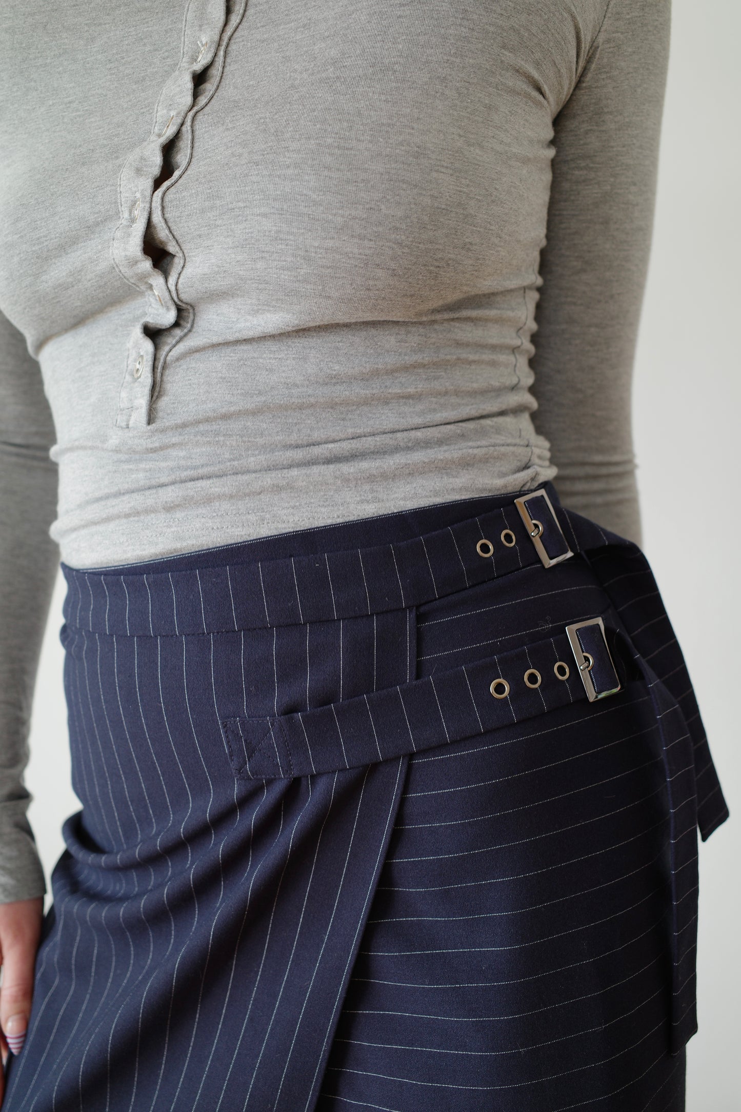 BUCKLED PINSTRIPE MIDI SKIRT