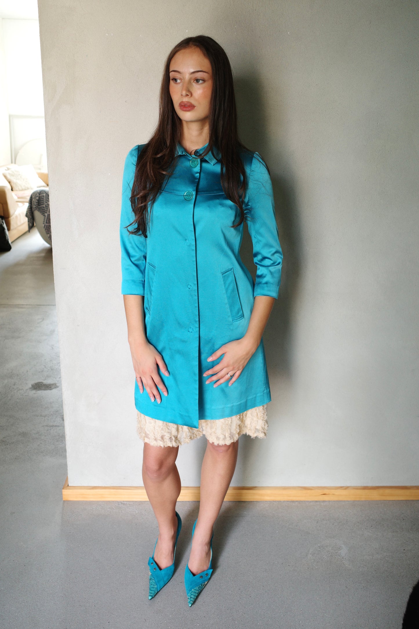 TEAL SATIN MIDI COAT