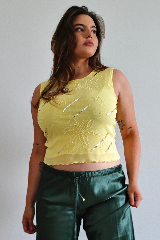 Vintage Sequin Mesh Top, yellow