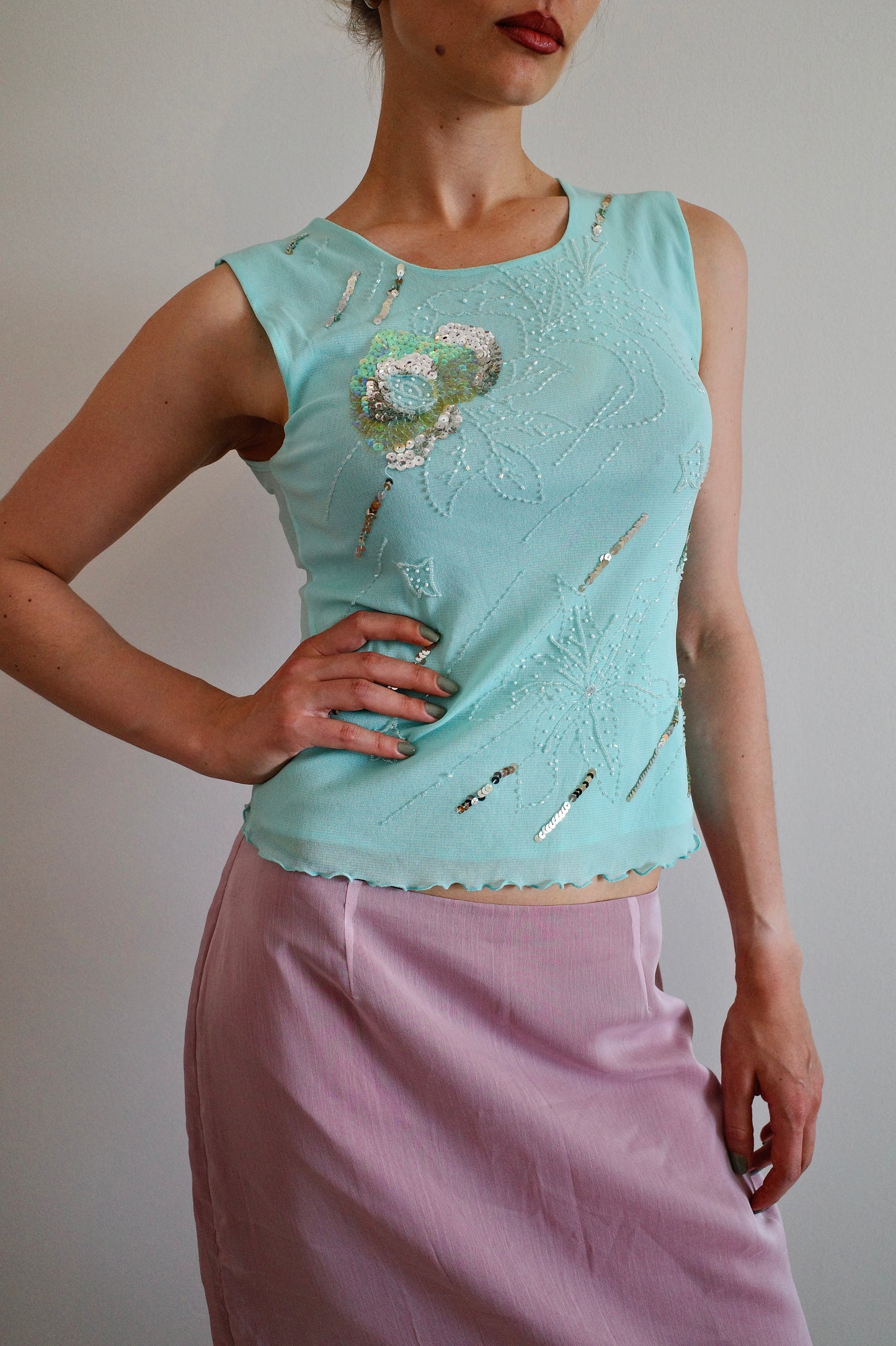 Vintage Sequin Mesh Top, turqoise