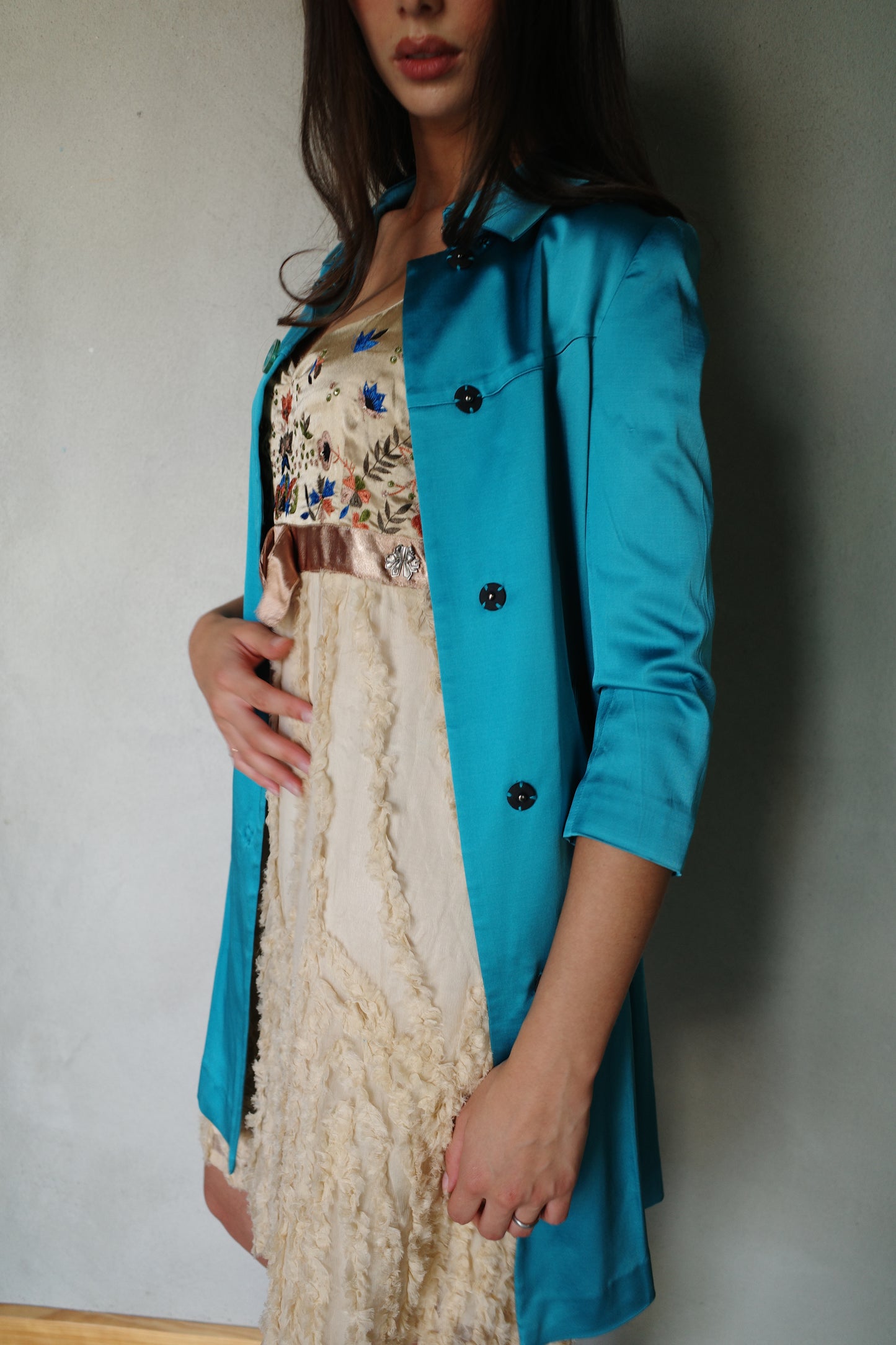 TEAL SATIN MIDI COAT
