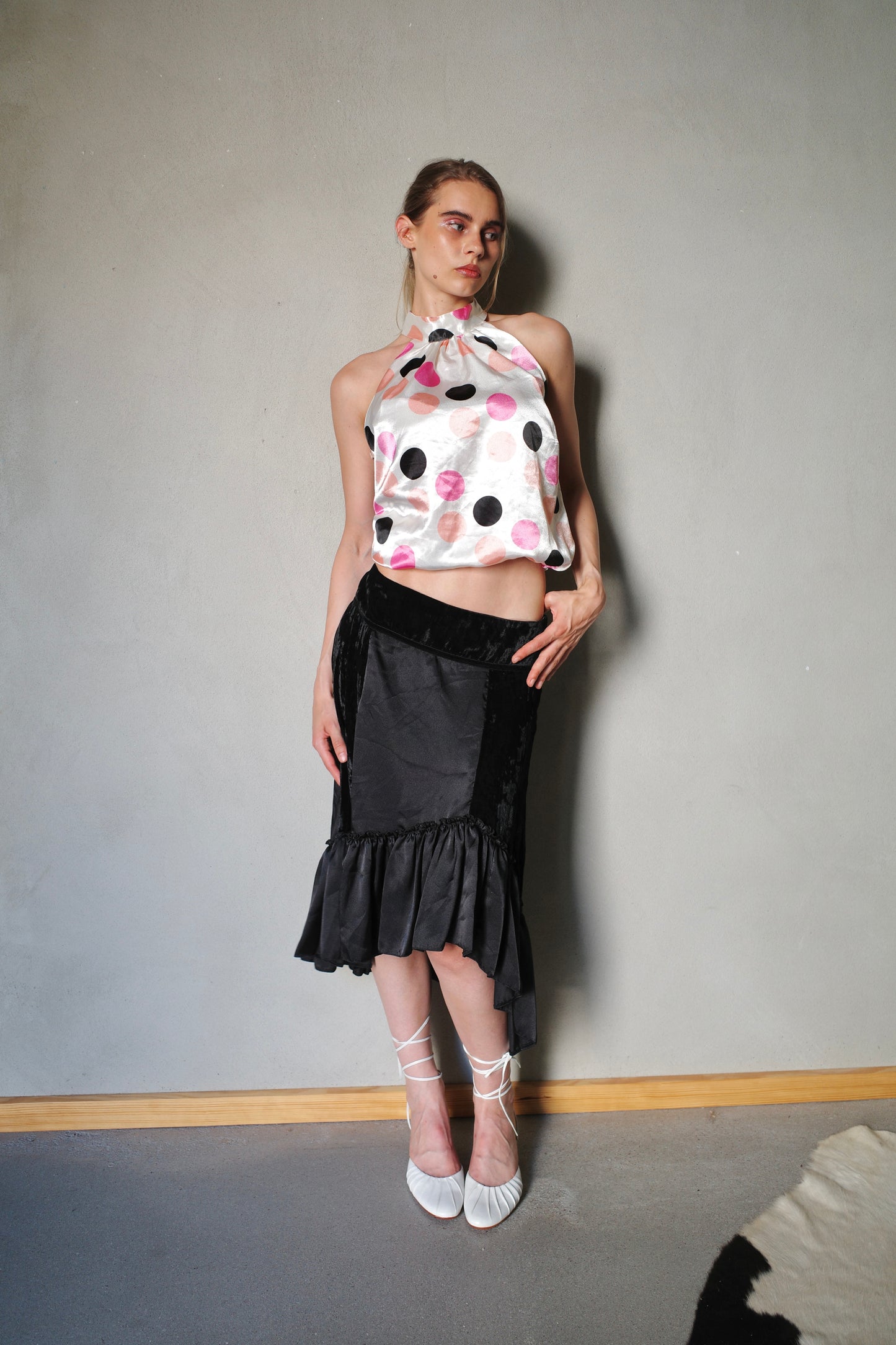 ASYMMETRICAL VELVET SATIN SKIRT