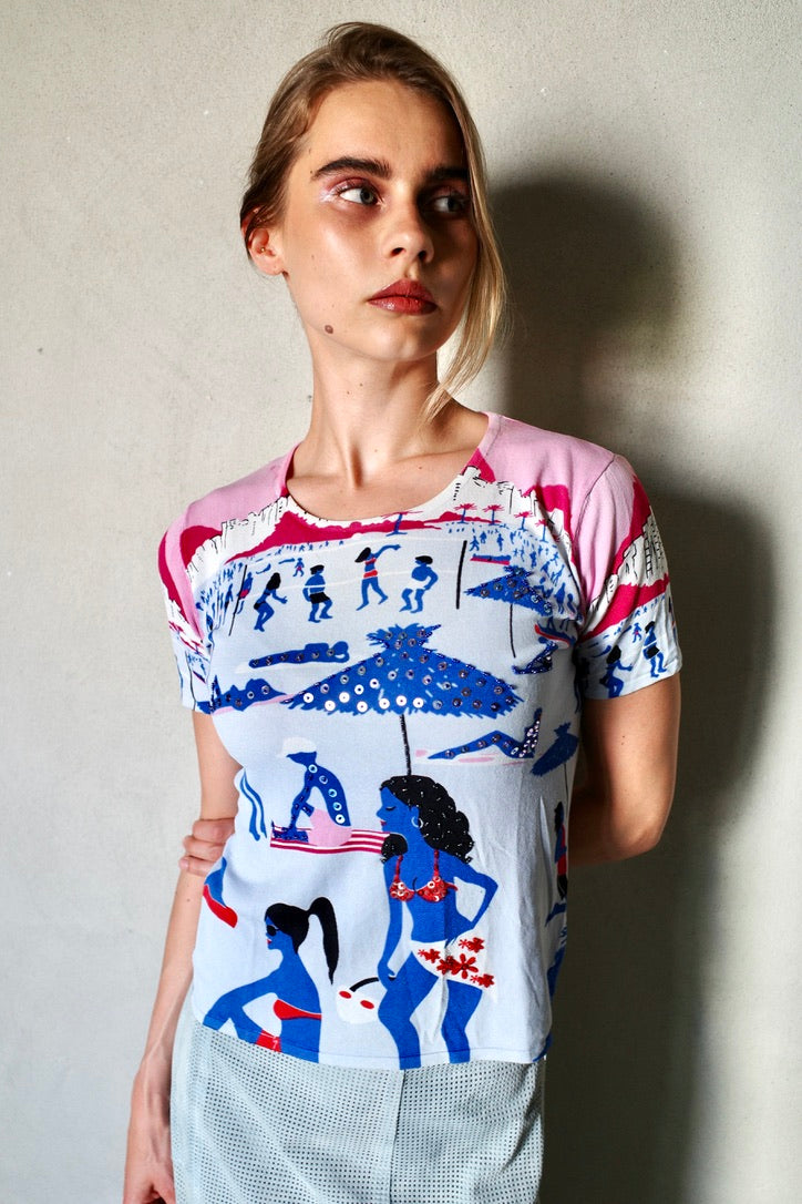 VINTAGE BEACH TEE /W PEARL EMBROIDERY