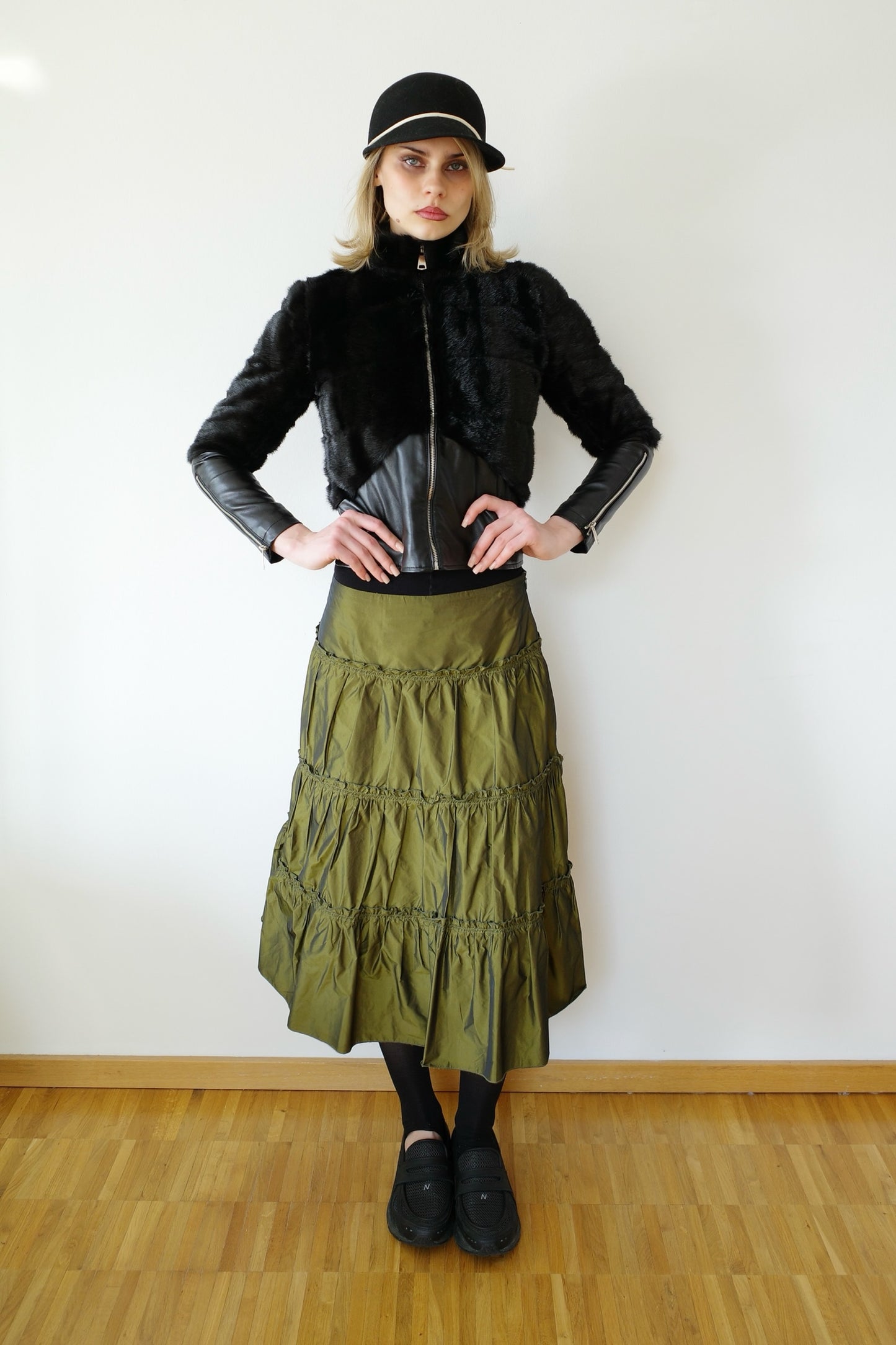 RUFFLED IRIDESCENT MIDI SKIRT