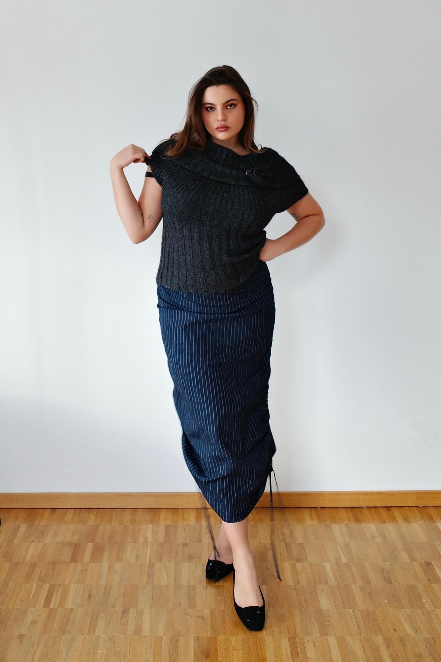 RUFFLED UP PINSTRIPE SKIRT