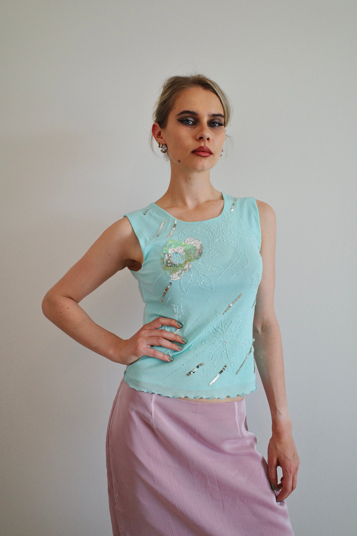 Vintage Sequin Mesh Top, turqoise