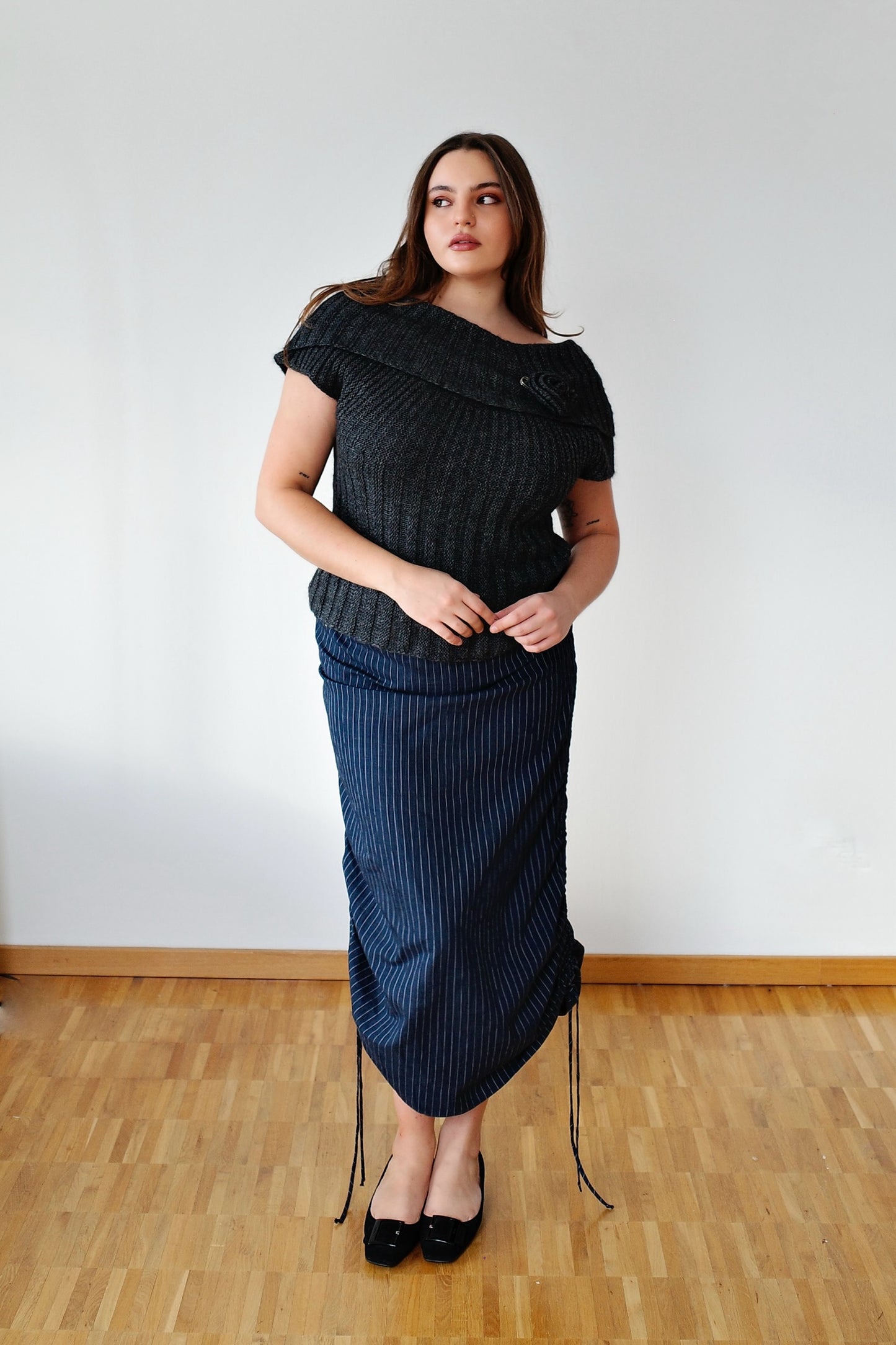 RUFFLED UP PINSTRIPE SKIRT