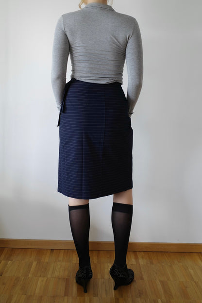 BUCKLED PINSTRIPE MIDI SKIRT