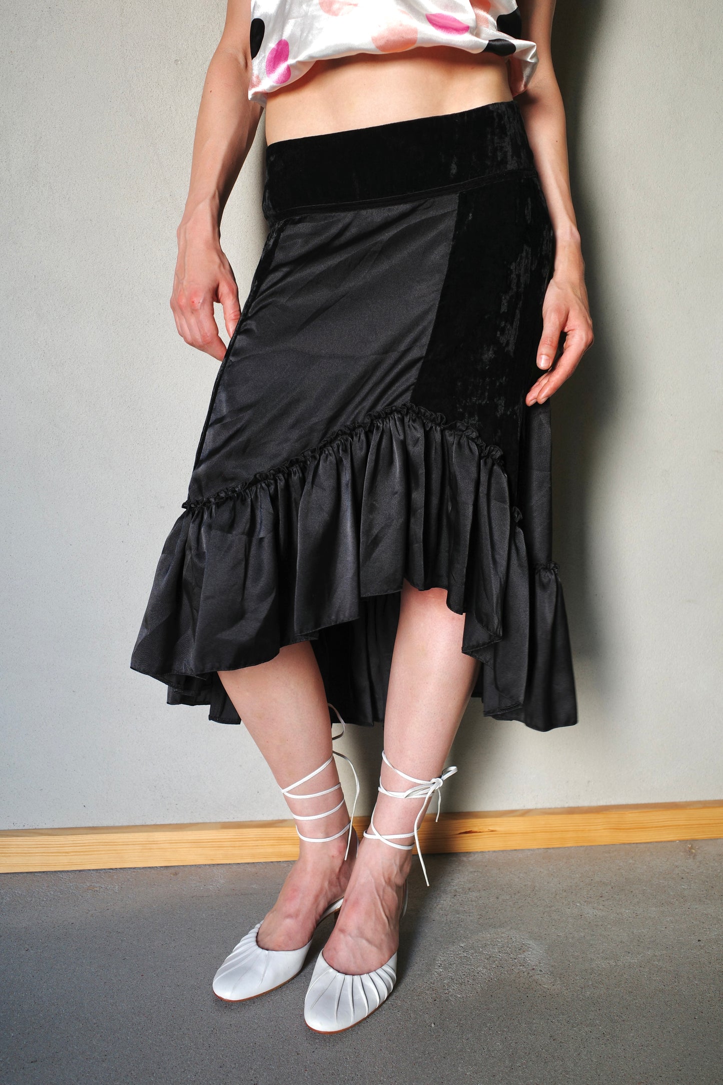 ASYMMETRICAL VELVET SATIN SKIRT