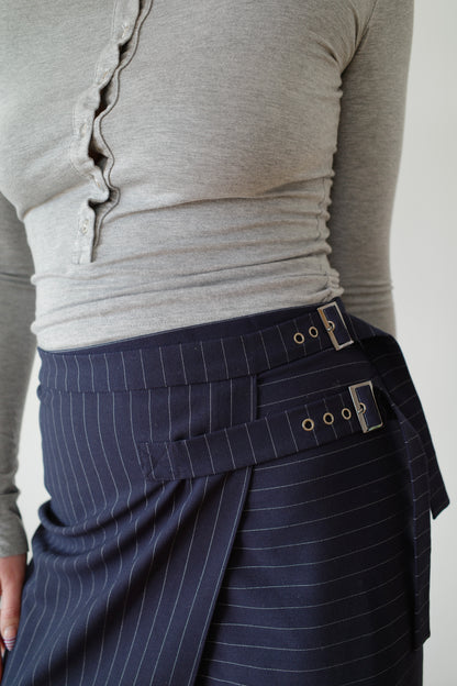 BUCKLED PINSTRIPE MIDI SKIRT