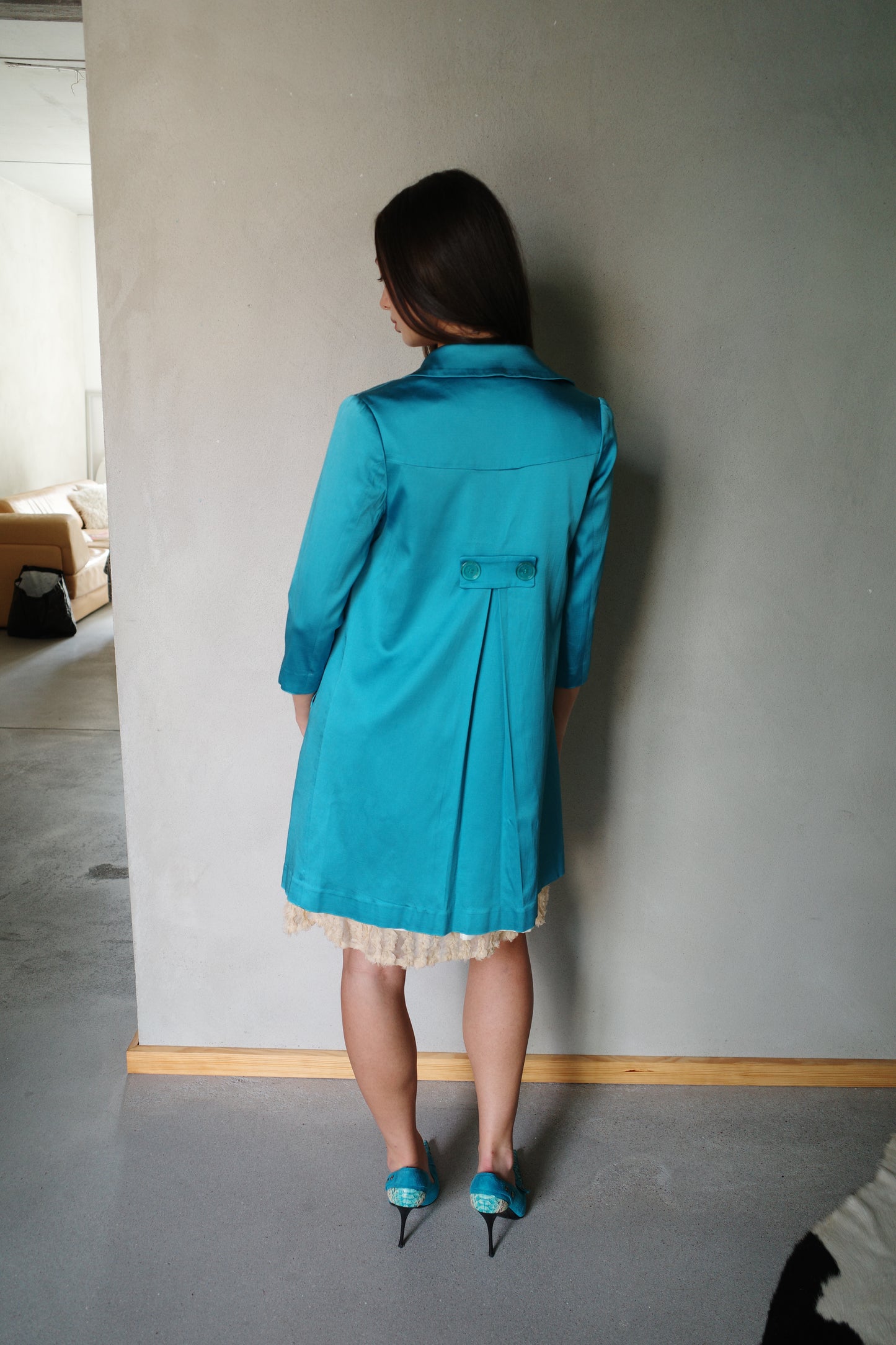 TEAL SATIN MIDI COAT